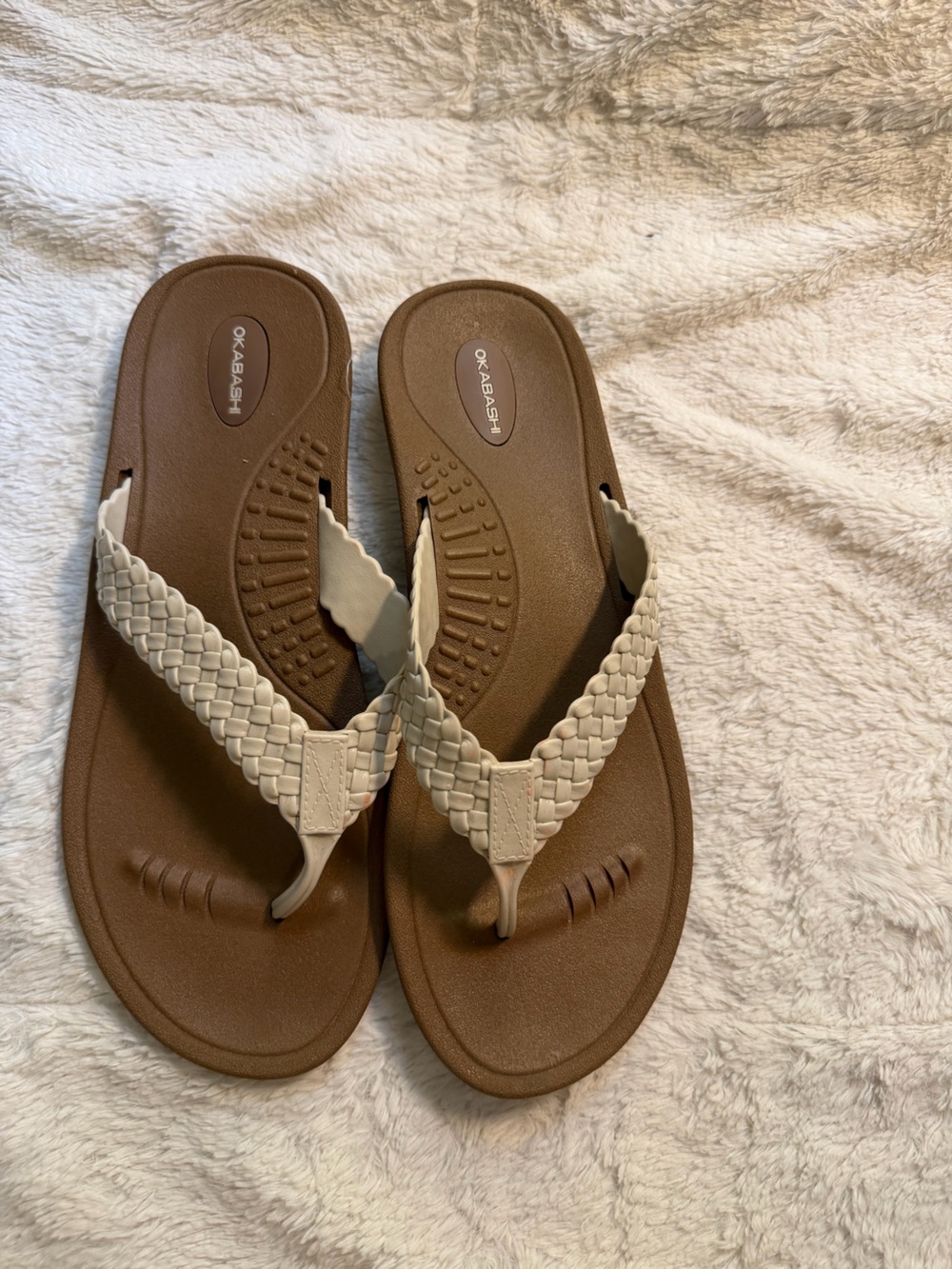 Okabashi Braided Strap Flip Flops in Brown and Beige